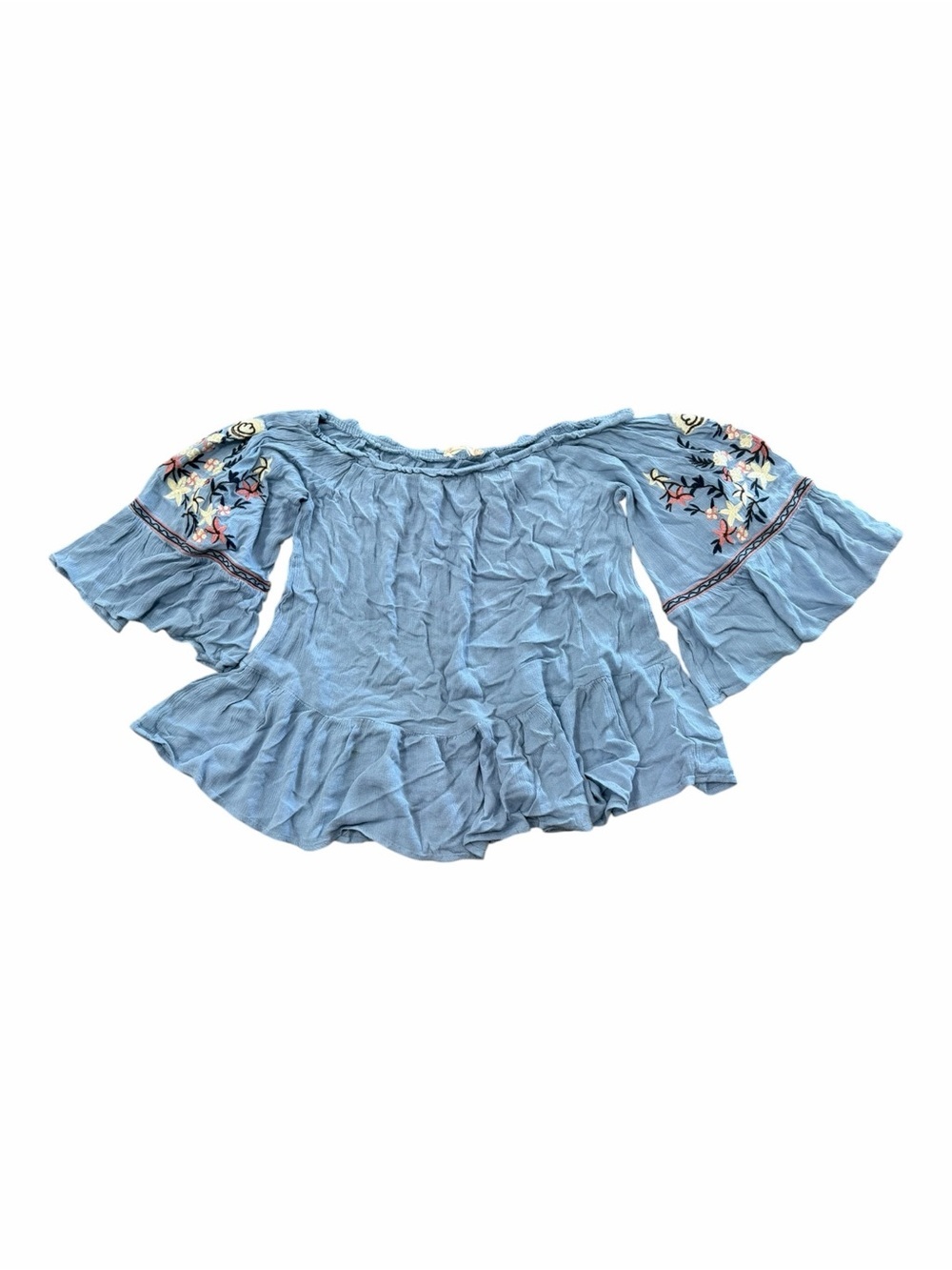 Altar’d State Light Blue Off-Shoulder Embroidered Bell Sleeve Peasant Top M/L